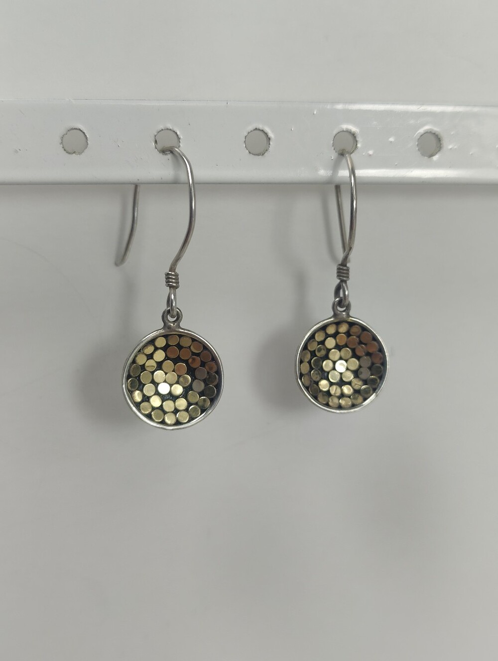 925 Sterling Silver Gold Plated Dot Disc Dangle Earrings Mixed Metal - Picture 4 of 12